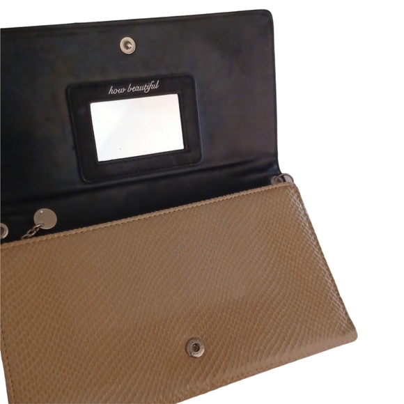 WHITE HOUSE BLACK MARKET Tan Reptile Print Black Patent Leather Tri Fold Wallet - Picture 3 of 7